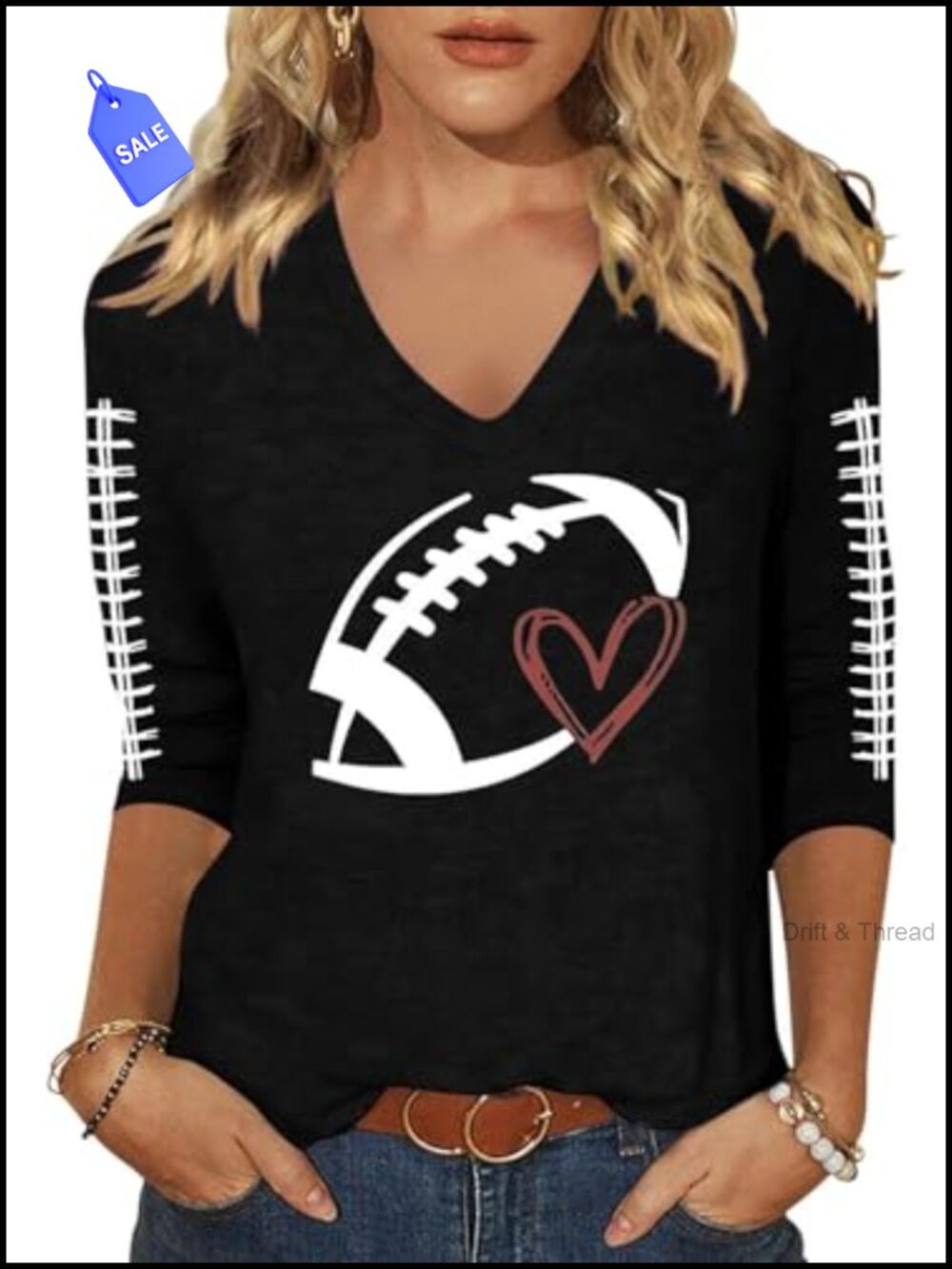 Women's 3/4 Sleeve V-Neck Football Heart Graphic T-Shirt Casual Tee